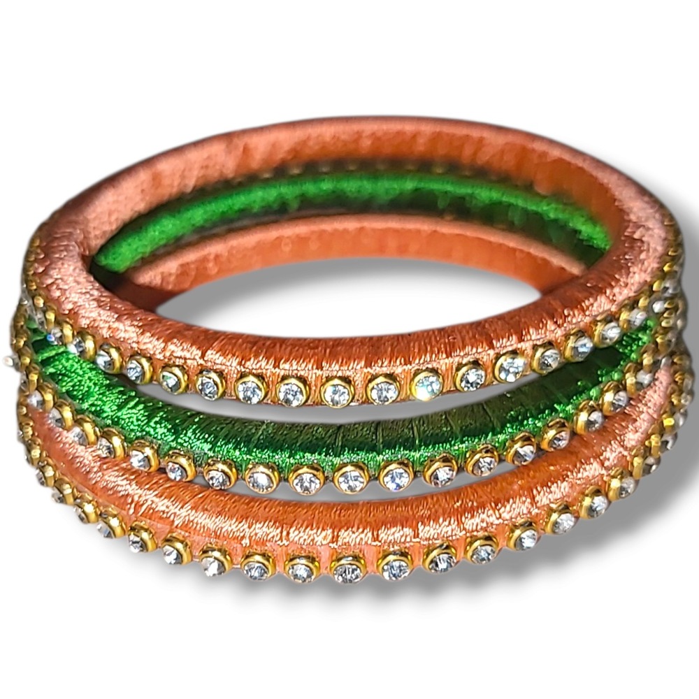 Set of 3 Peach & Green Silk Thread Rhinestone Bangle Bracelets India Bollywood